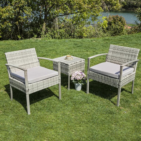 JUSKYS Cute 3-Piece Gray Wicker Patio Conversation Set with Gray Cushions