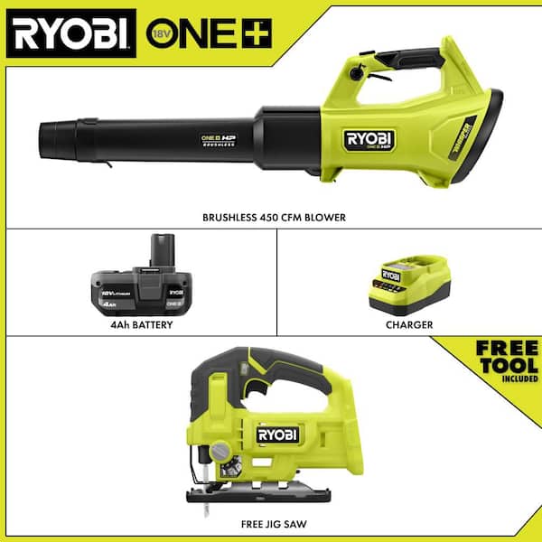 ONE+ HP 18V Brushless 450 CFM Cordless Leaf Blower with 4.0 Ah Battery, Charger, and FREE ONE+ 18V Cordless Jig Saw