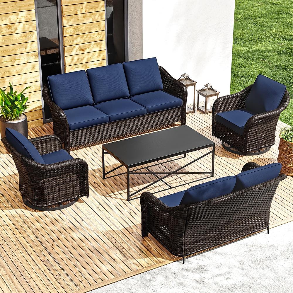 4-Piece Wicker Patio Conversation Set and Chairs, Loveseat with Blue Cushions and Black Steel Coffee Table price history on PriceWatchPro