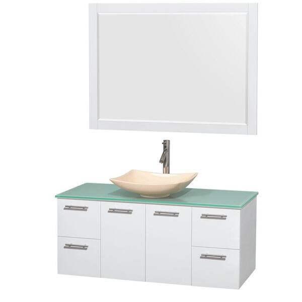 Wyndham Collection Amare 48 in. Vanity in Glossy White with Glass Vanity Top in Green, Marble Sink and 46 in. Mirror