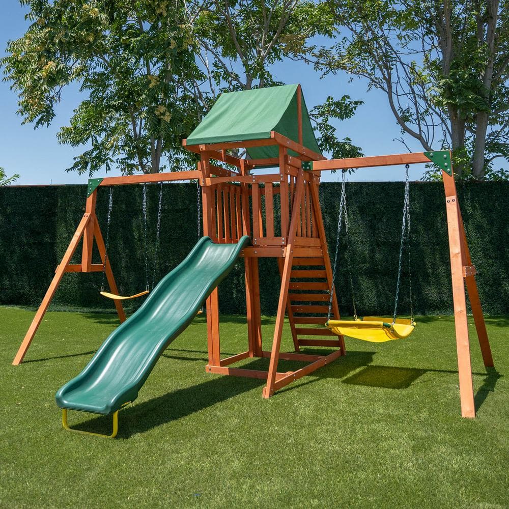 Sherwood Brown Wood Swing Set with Slide and Fort