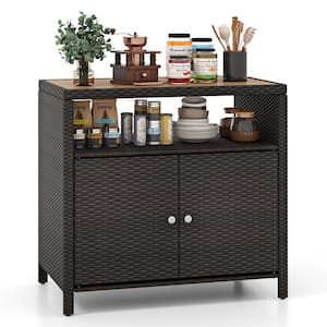 35.5 in. W x 21 in. D x 34 in. H Brown Wood Outdoor Rattan Storage Cabinet Patio Sideboard Buffet Cabinet