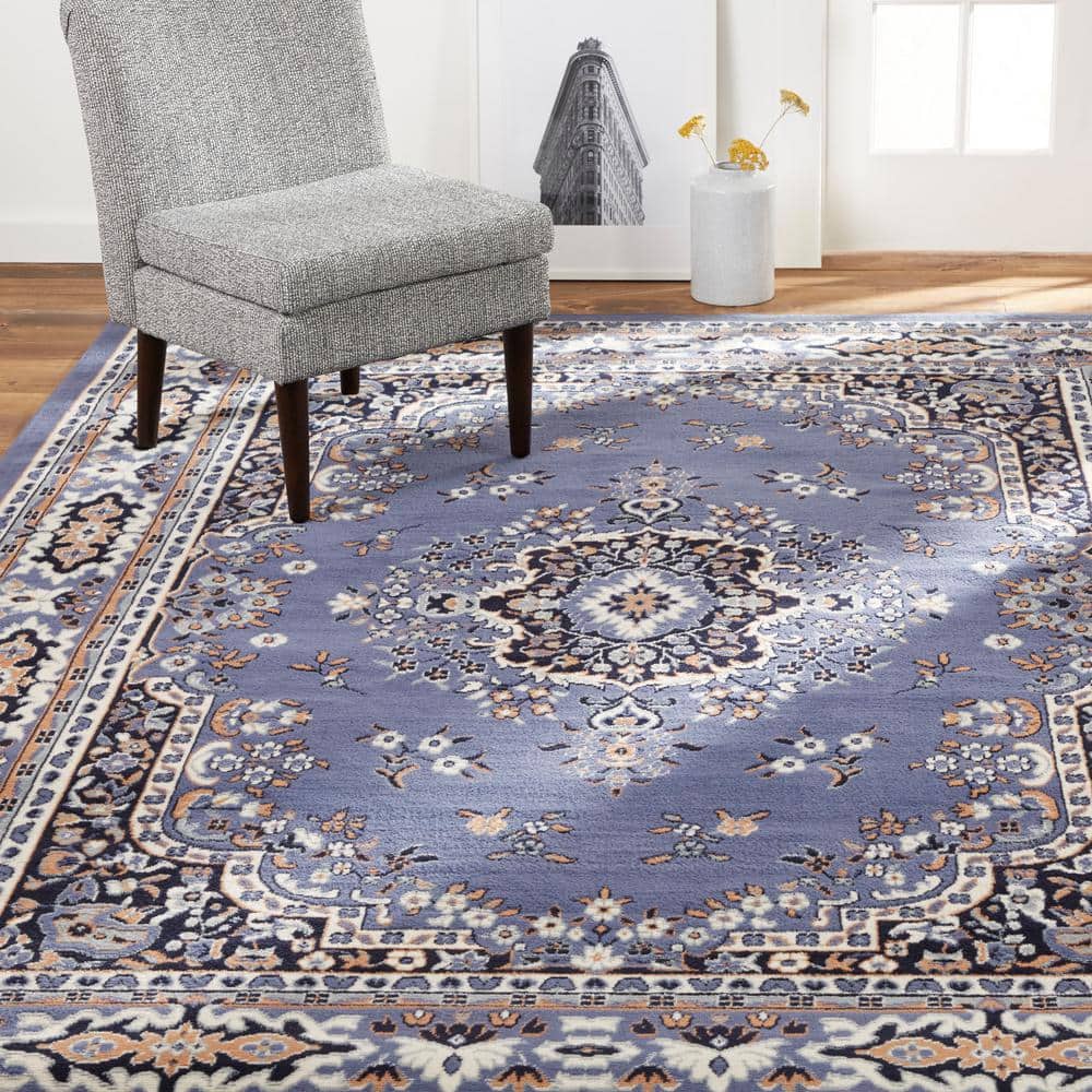 Country Blue and Brown Traditional Medallion Area Rug