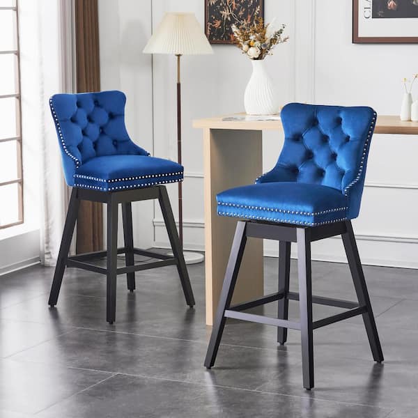 Hochwertiges 29 in. Blue Velvet Upholstered Solid Wood Frame Bar Height Swivel Bar Stool with Back (Set of 2)