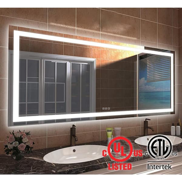 TOOLKISS 72 in. W x 32 in. H Rectangular Frameless LED Light Anti-Fog Wall Bathroom Vanity Mirror with Backlit and Front Light