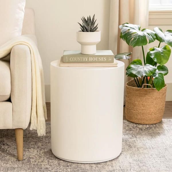 Viko 21 in. White Round Wood Side End Table with Faux Concrete Finish