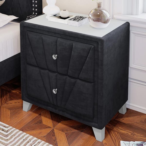 Black crushed store velvet bedside table