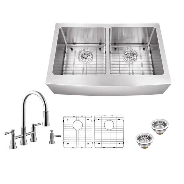 Schon All-in-One Farmhouse Apron Front 16-Gauge Stainless Steel 33 in. 0-Hole 50/50 Double Bowl Kitchen Sink and Bridge Faucet