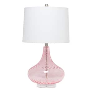 24 in. Pink Modern Refined Rippled Colored Glass Table Lamp with White Linen Tapered Drum Shade