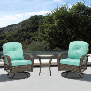 3-Piece Brown Wicker Patio Conversation Set Swivel Chair Set with Peacock Blue Cushions