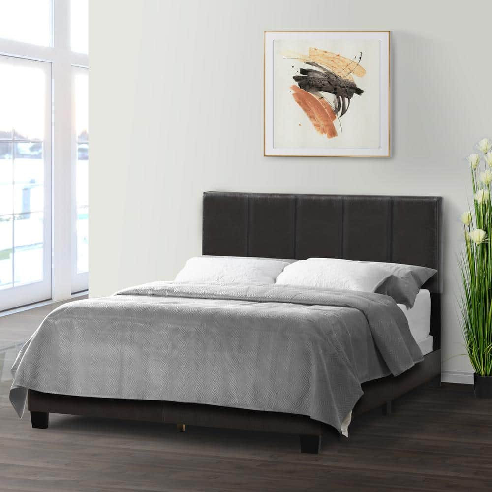 Arty Black Brown Faux Leather Queen Bed with Tufted Upholstery