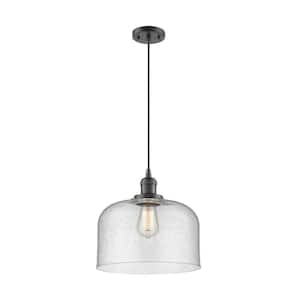 Bell 1-Light Oil Rubbed Bronze Bowl Pendant Light with Seedy Glass Shade