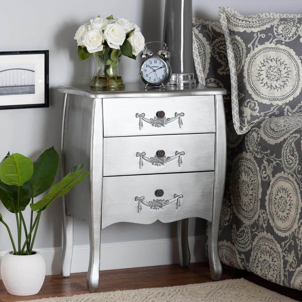 Eliya Traditional Brushed Silver 3-Drawer Solid Wood Storage Cabinet