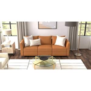 87.01 in. Faux Leather Modular Living Room Sofa Linen Modern 3-Seater Sectional Sofa Couch with Storage in. Caramel