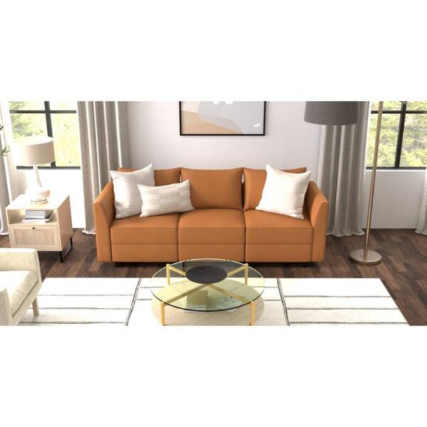 HOMESTOCK 87.01 in. Faux Leather Modular Living Room Sofa Linen Modern 3-Seater Sectional Sofa Couch Storage in. Caramel