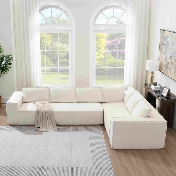 129.5 in. Square Arm Chenille Sectional Sofa in. Beige
