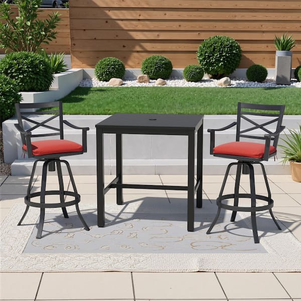 3-Piece Square Aluminum Outdoor Dining Set with 35.4 in. Table and Bar Stool with Sunbrella Red Cushion