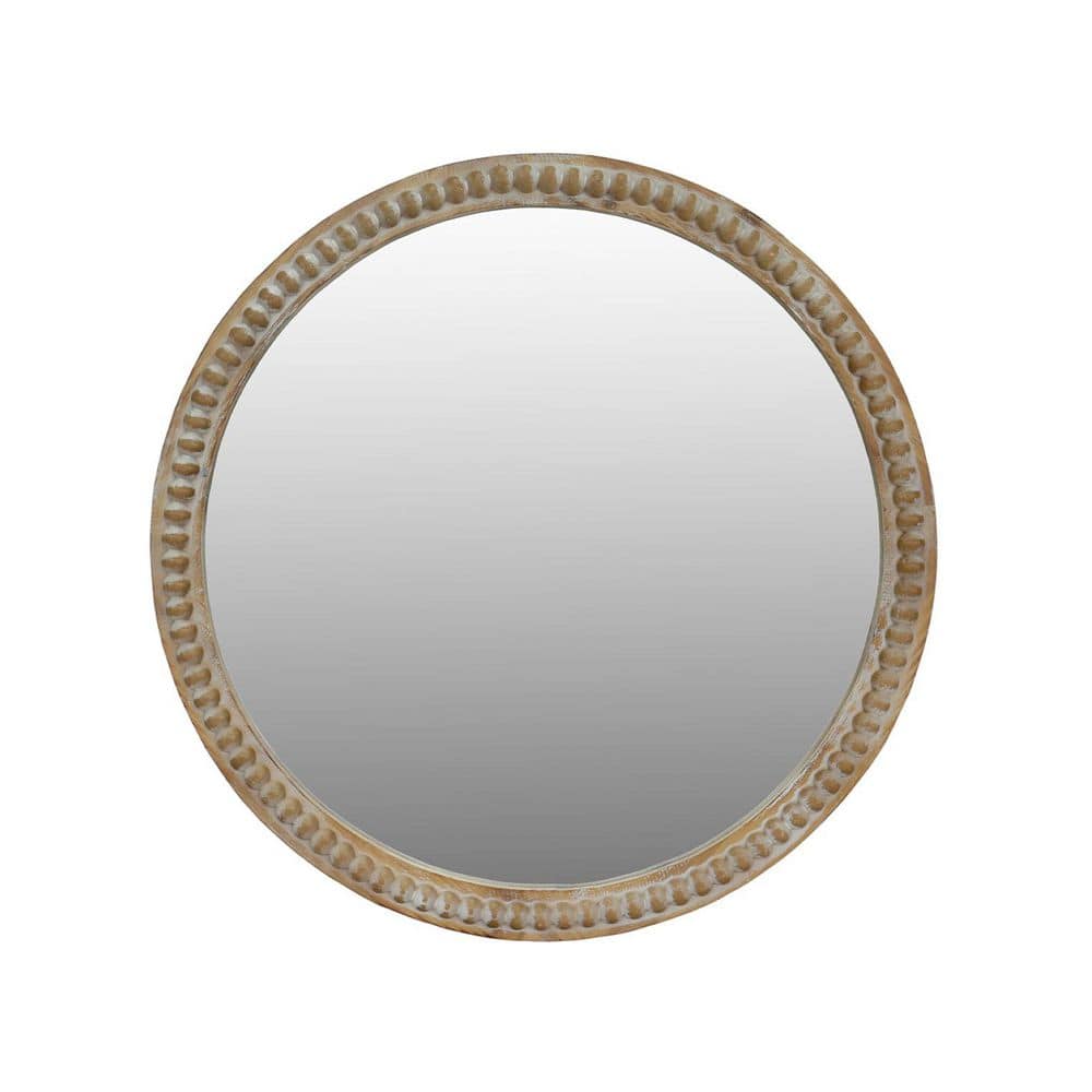 Natural Wood 27.5 in W x 27.5 in. H Round Distressed Wood Beaded Framed Decorative Wall Mirror