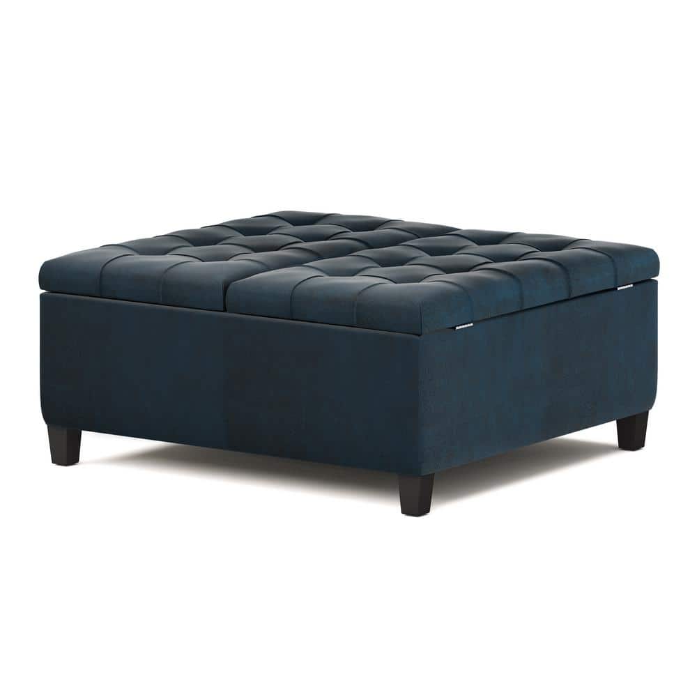 Distressed Dark Blue Tufted Faux Leather Cocktail Ottoman