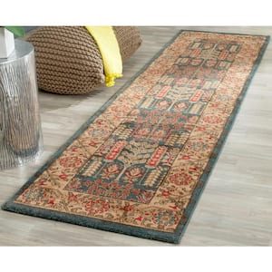 Mahal Navy/Natural 2 ft. x 6 ft. Antique Floral Border Runner Rug