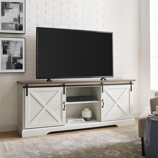 Walker Edison Furniture Company 70 in. Reclaimed Barnwood and Brushed White Wood and Metal TV Stand with Sliding X Barn Doors (Max tv size 80 in.)