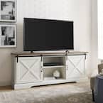 70 in. Reclaimed Barnwood and Brushed White Wood and Metal TV Stand Fits TVs up to 80 in. with Sliding X Barn Doors
