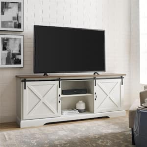 70 in. Reclaimed Barnwood and Brushed White Wood and Metal TV Stand with Sliding X Barn Doors (Max tv size 80 in.)