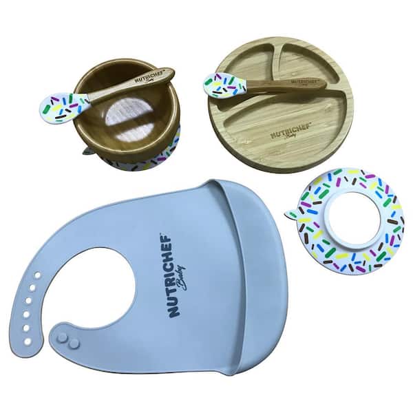 NutriChef Sparkle Bamboo Dinnerware Set with Silicone Suction and Bibs for Kids