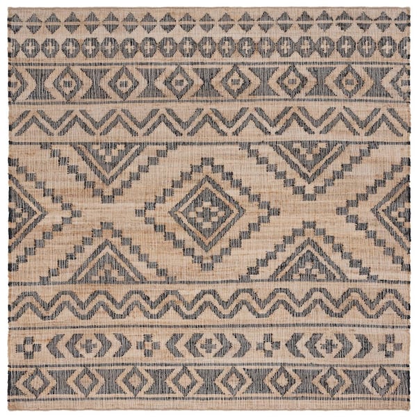 SAFAVIEH Kilim Natural/Charcoal 7 ft. x 7 ft. Geometric Striped Square Area Rug