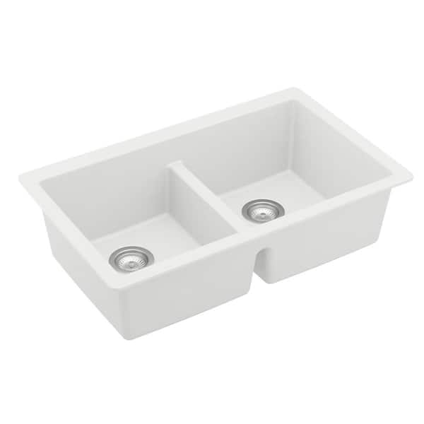 Karran QU-810 32 Undermount Double Equal Bowl Quartz Kitchen Sink in Concrete