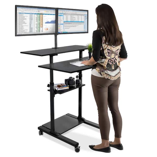 Computer Laptop Stand Up Desk Height Adjustable Rolling Lift w/ Monitor Arm Base 