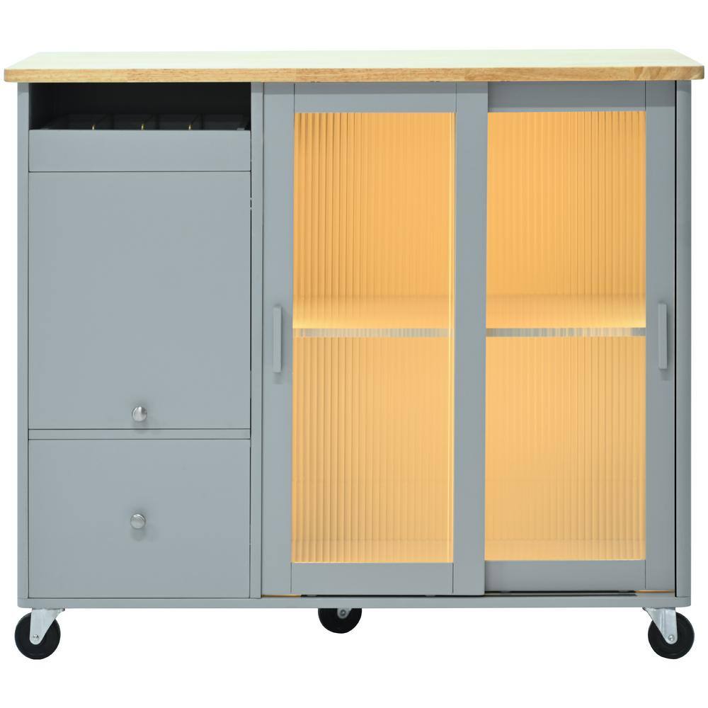 Gray Wood 44.1 in. Kitchen Island with Drop Leaf LED Light Cart on Wheels 2-Fluted Glass Doors 1 Flip Cabinet Door