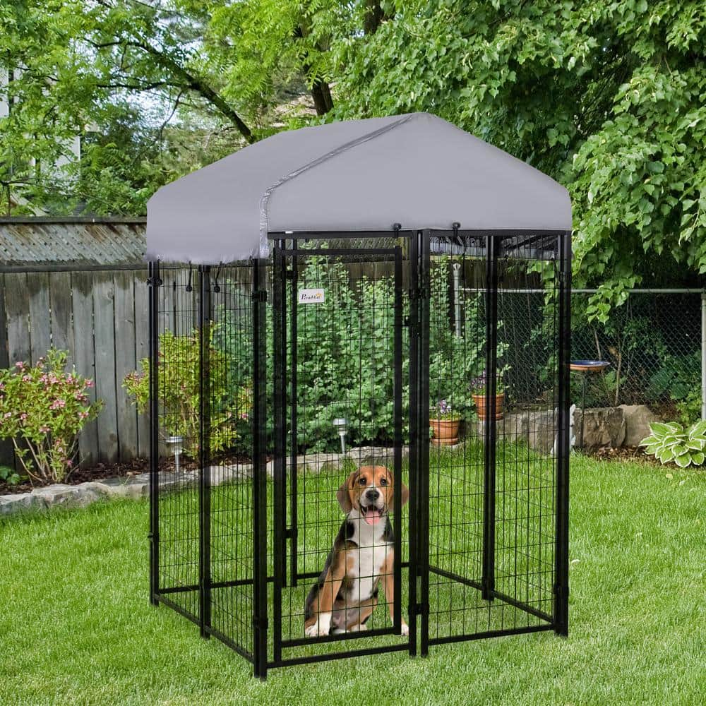 Black Galvanized Metal Outdoor Covered Dog Kennel