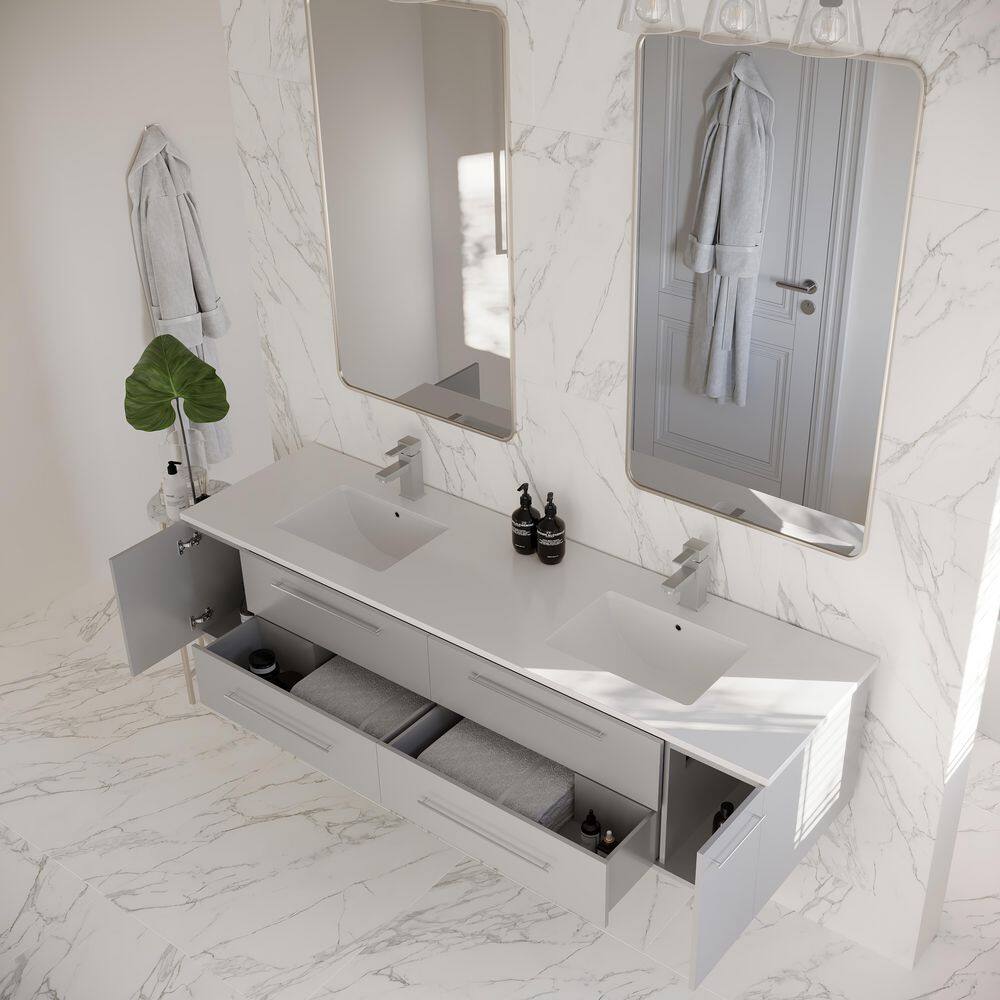 Lucera 72" Gray Quartz Stone Double Sink Wall Mount Vanity