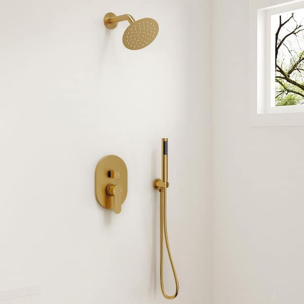 Round Shower System 2-Spray 6 in. Wall Mount Dual Fixed and Handheld Shower Head 1.8 GPM in Brushed Gold (Valve Include)