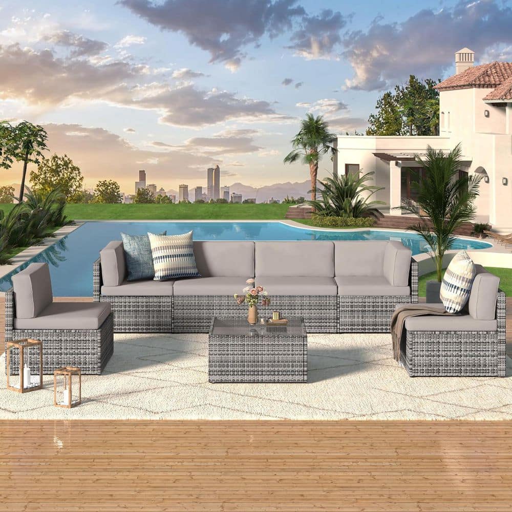 Grey 7-Piece Patio Rattan Wicker Sofa Set Outdoor Sectional Conversation Furniture Chair Set with Grey Cushion price history on PriceWatchPro