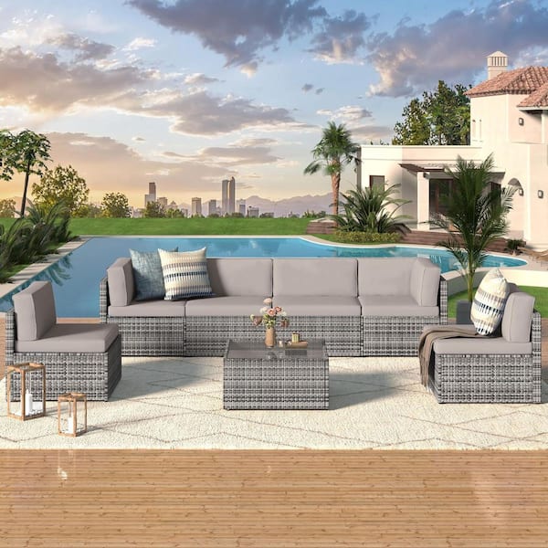 AECOJOY Grey 7-Piece Patio Rattan Wicker Sofa Set Outdoor Sectional Conversation Furniture Chair Set with Grey Cushion
