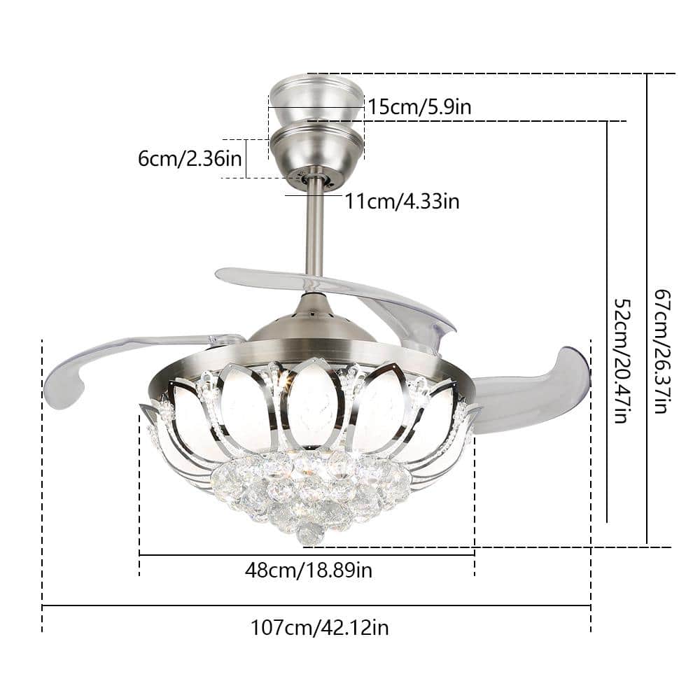 42" Silver Modern LED Crystal Chandelier Ceiling Fan with Remote