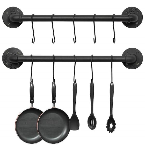 21 in. Wall Mounted Metal Industrial Pipe Pan Pot Rack with 10 S Hooks for Kitchen Storage, Black (2-Pack)