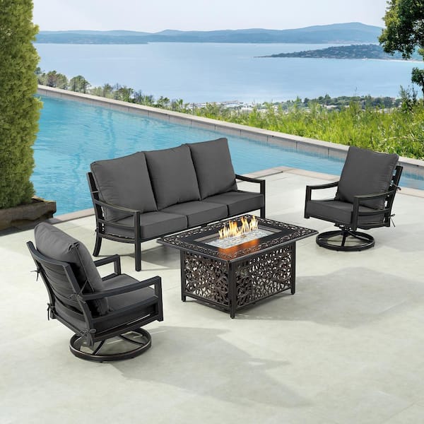 Oakland Living Black 5-Piece Aluminum Patio Fire Pit with Deep Seating Sofa and 2-Club Chairs Black Cushions