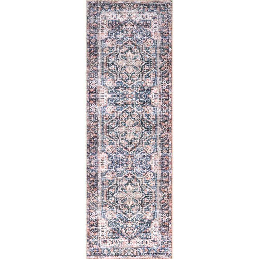 nuLOOM Kay Spill-Proof Machine Washable Blue 2 ft. x 8 ft. Distressed Persian Runner Rug