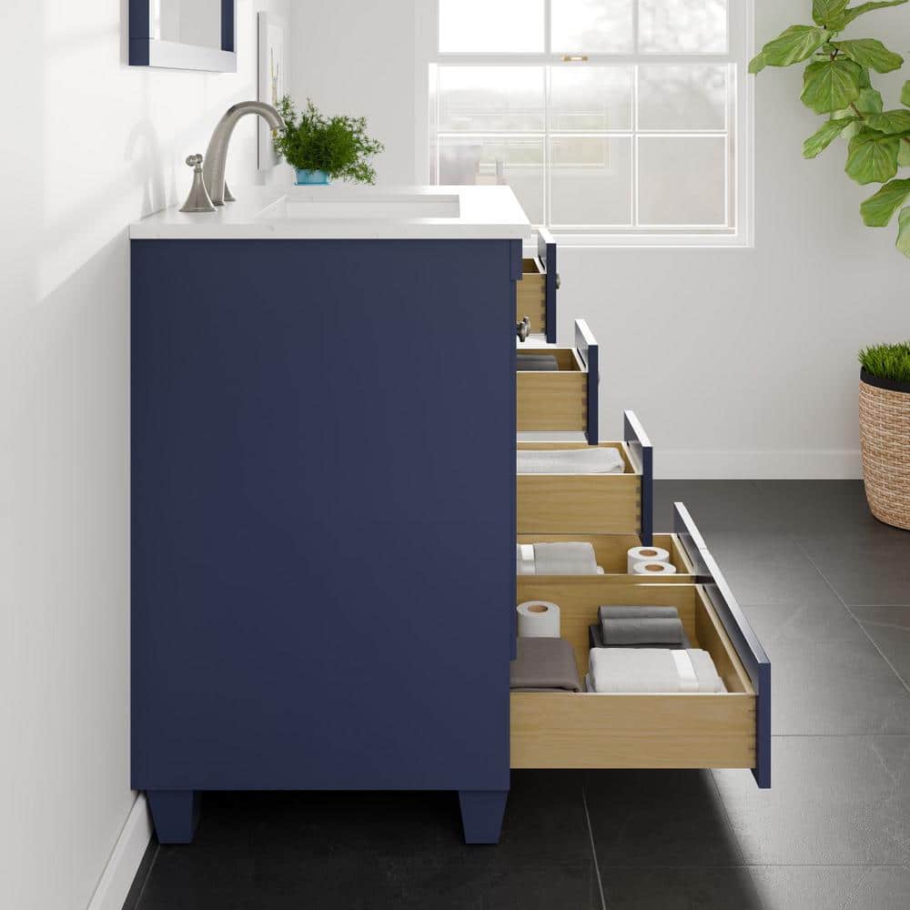 Blue Solid Wood 30" Bathroom Vanity with Carrara Quartz Top