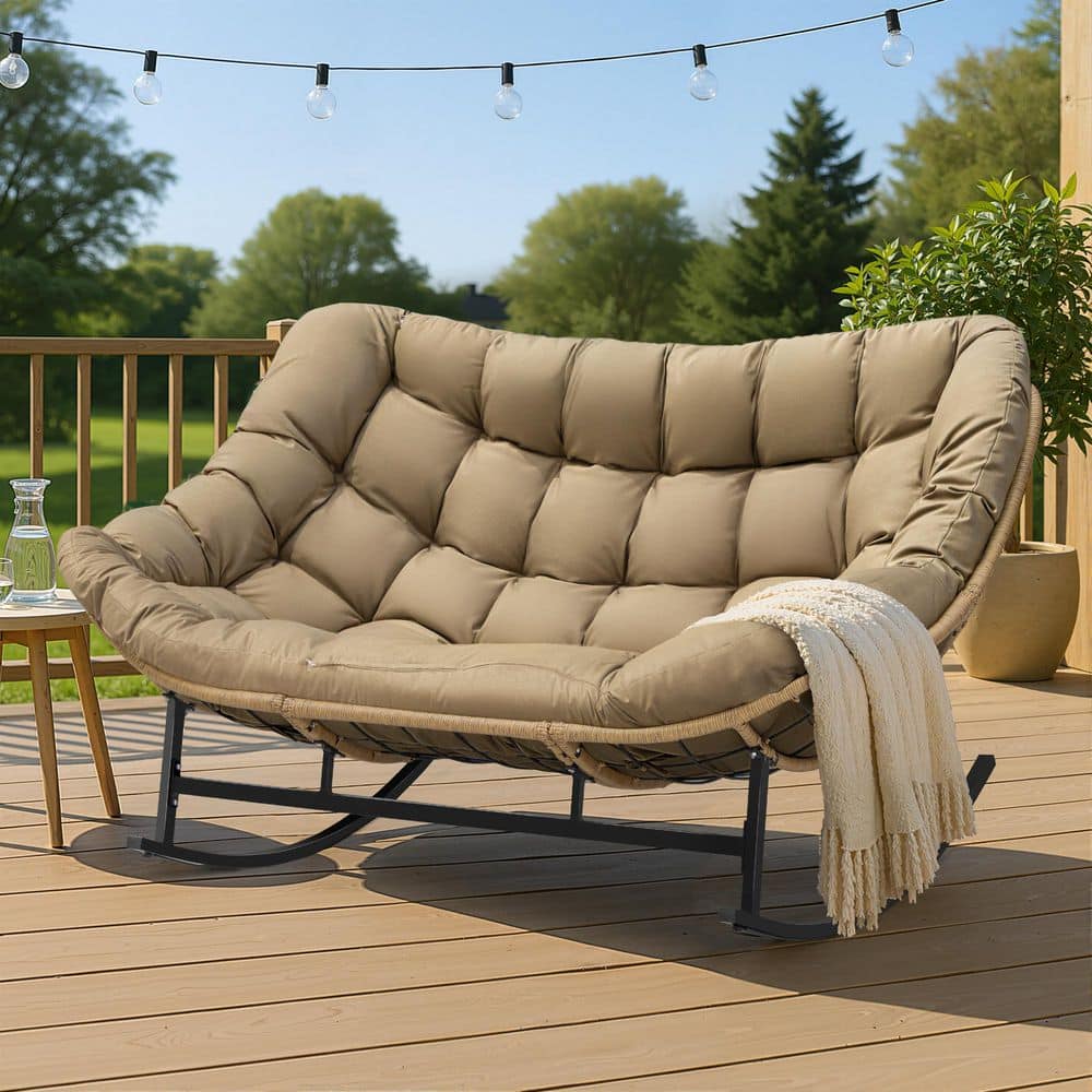 Oversized PE Wicker Double Outdoor Rocking Chair 2-Person 700 lbs