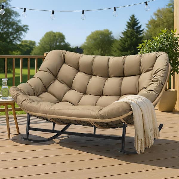 Oversized PE Wicker Double Outdoor Rocking Chair 2-Person 700 lbs. Papasan Chair Loveseat with Brown Cushion