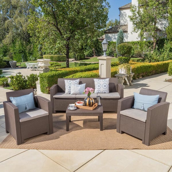 Noble House 4-Piece Faux Wicker Patio Conversation Set with Mixed Beige ...