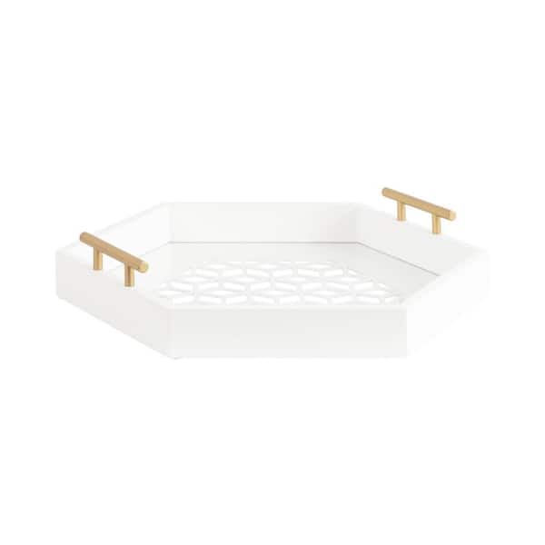 Kate and Laurel Caspen White Hexagon Wooden 16 in. Decorative Tray