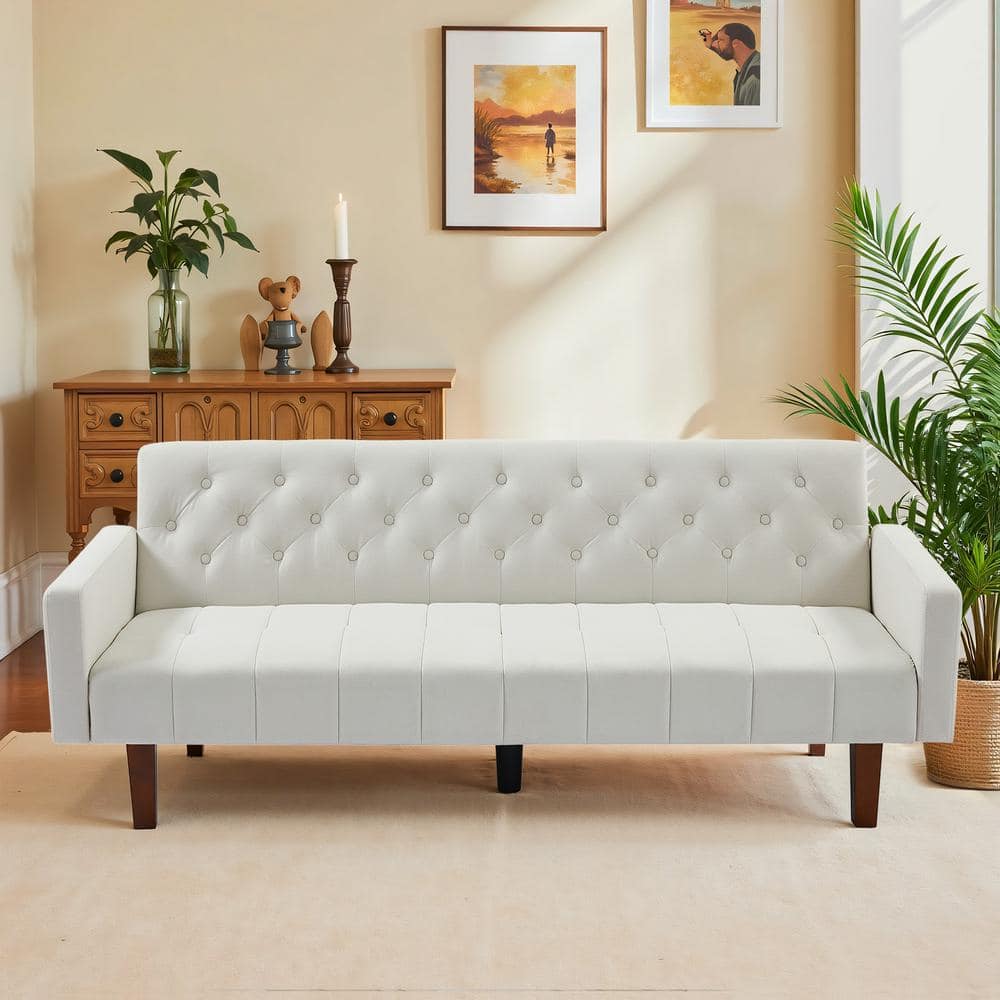 74.41 in. Beige Linen Twin Size Futon Sofa Bed Convertible Loveseat Couch with Adjustable Backrest