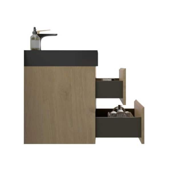 Alice 24.00 in. W x 18.10 in. D x 25.20 in. H Wall Mounting Bath Vanity in Oak Wood with Black Top
