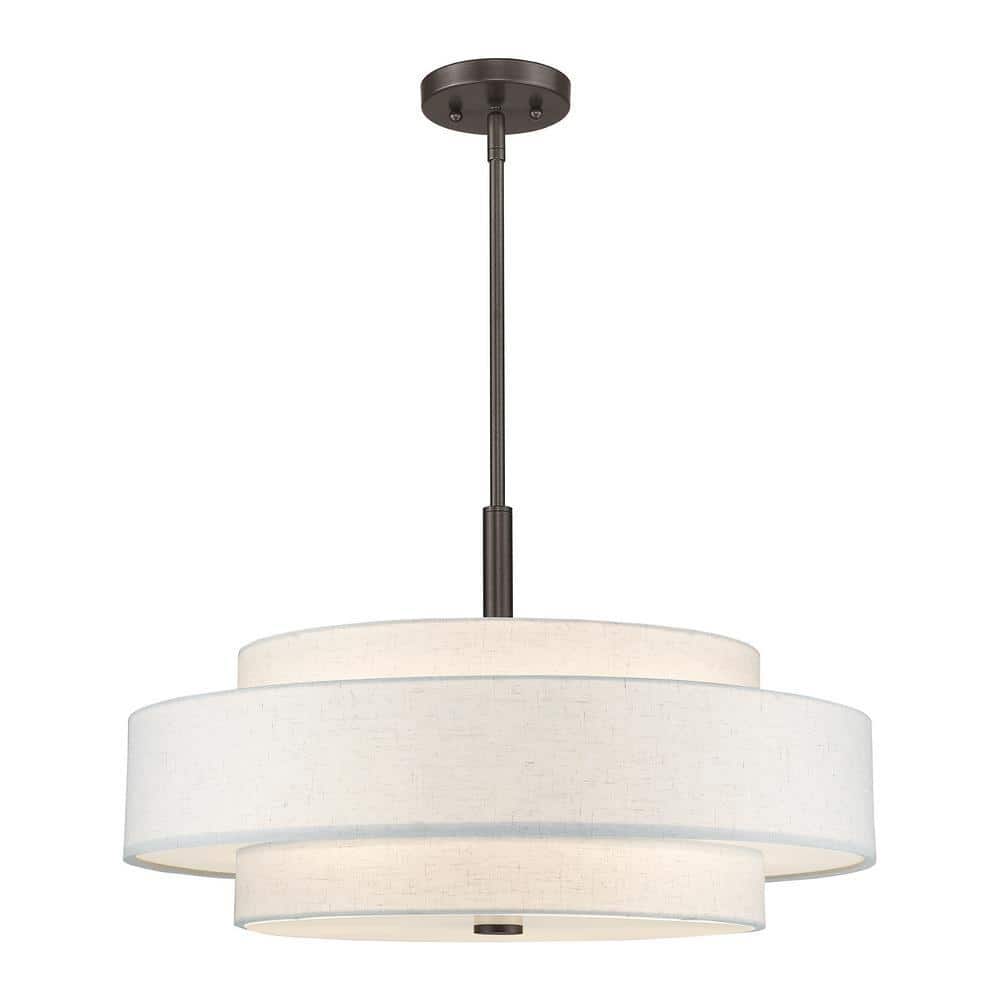 English Bronze Drum Shade Pendant Light with Oatmeal Fabric