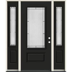 60 in. x 80 in. Left-Hand 3/4 Lite Decorative Glass Wendover Black Fiberglass Prehung Front Door w/Sidelites
